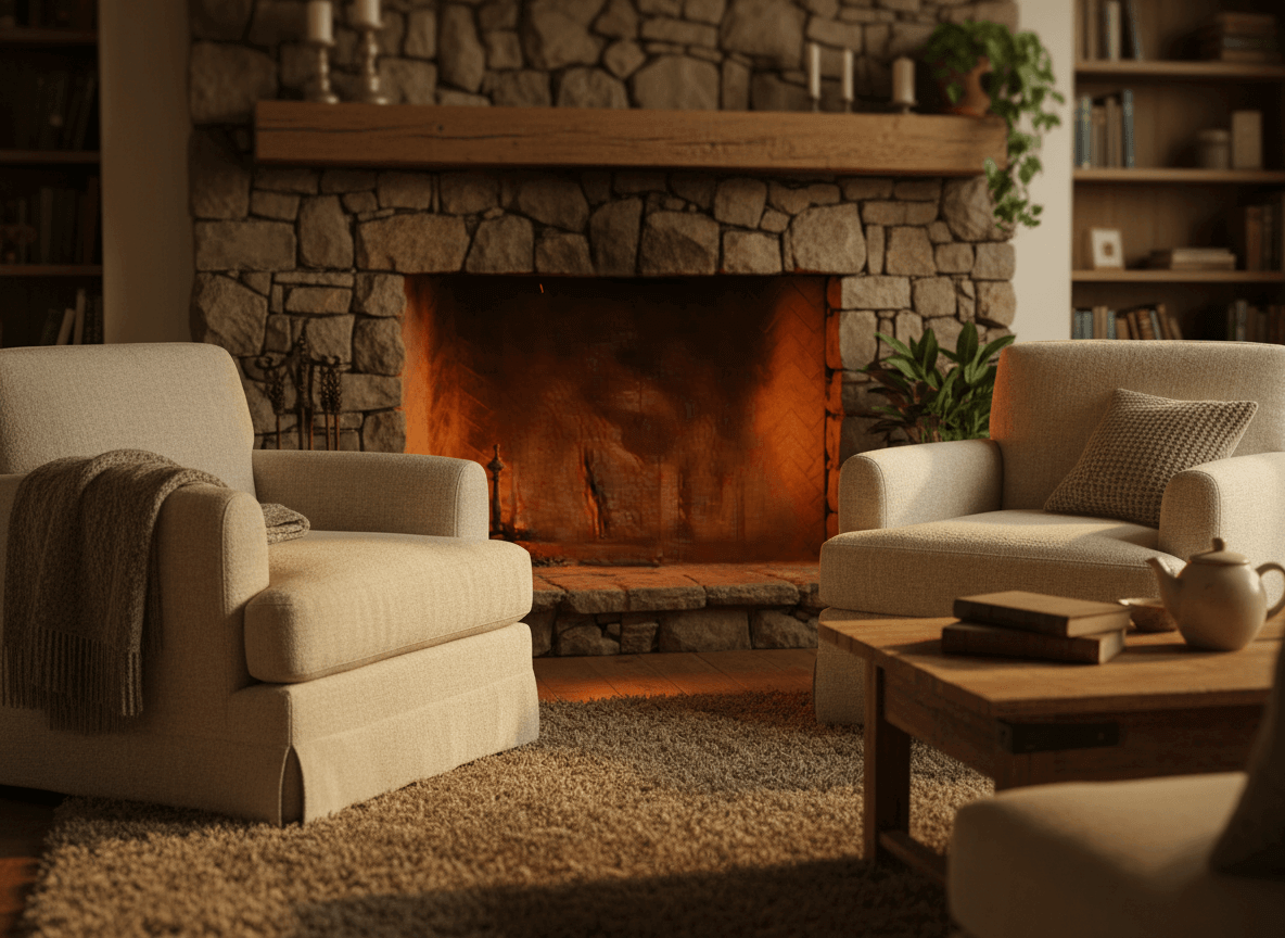 Cozy living room with beige armchairs, a stone fireplace with a fire, wooden coffee table, and bookshelves.