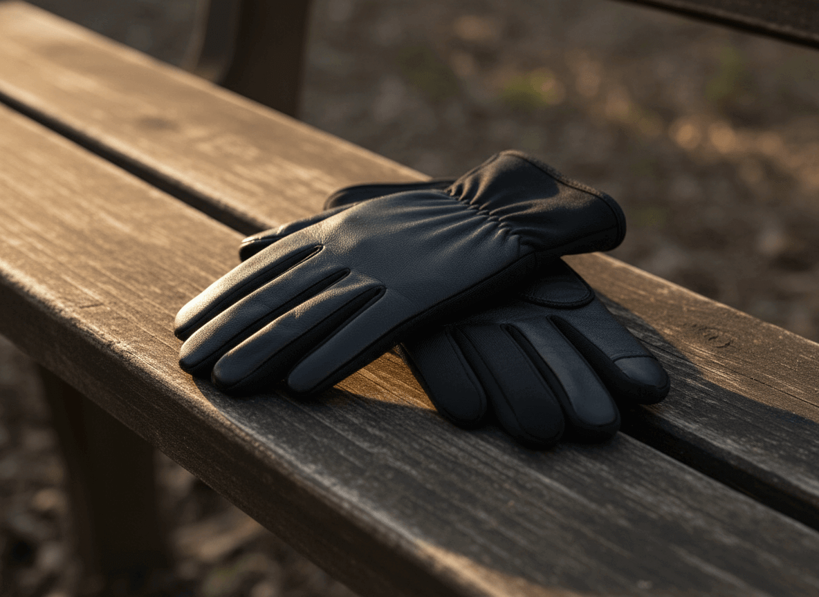Black leather gloves resting on a wooden bench in natural light.