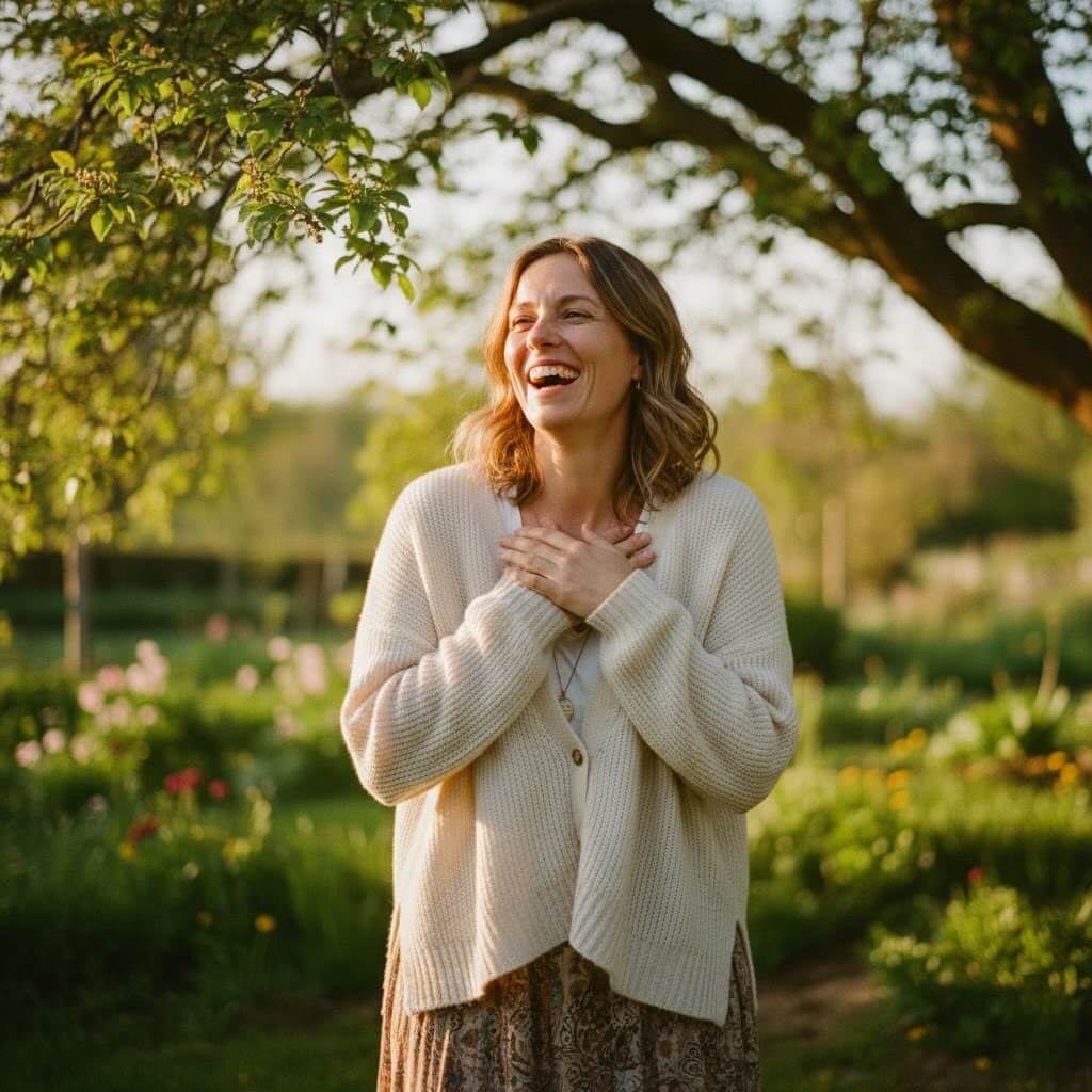 Woman in a cream cardigan laughing with hands on chest in a sunlit garden with trees and flowers.
