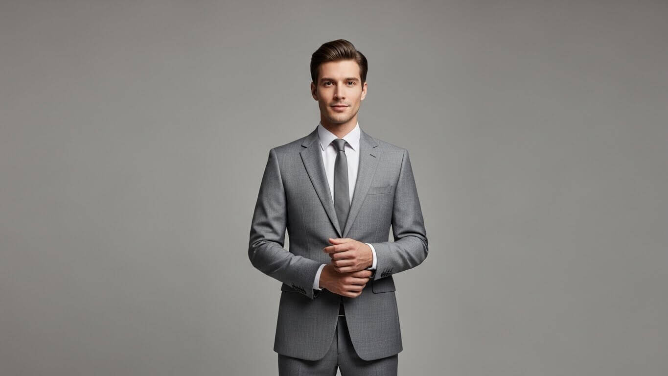 Young man in a gray suit and tie adjusting his cuff against a plain gray background