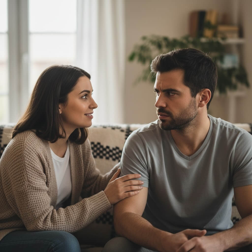 Woman comforting serious man sitting on couch in a living room