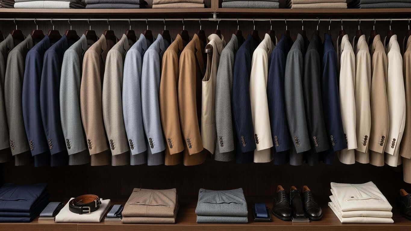 Men's blazers in various colors hanging above folded pants, belts, ties, and black dress shoes in a closet.