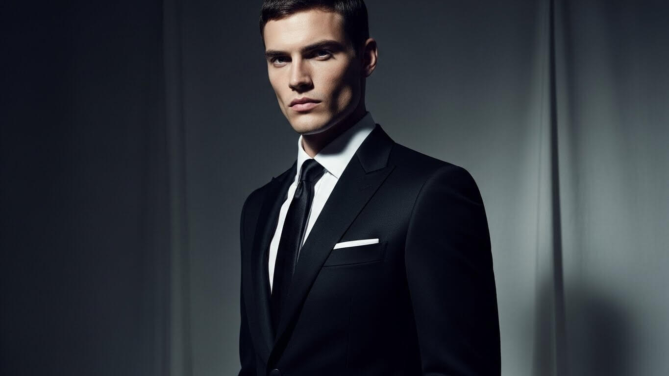 Young man in a black suit and tie with a white pocket square against a dark background
