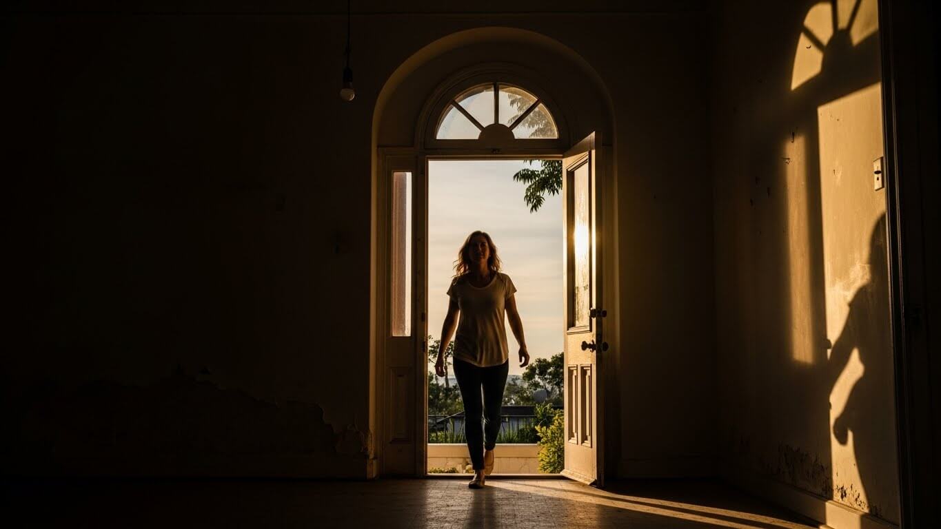Woman walking through an open door into a dimly lit room with sunlight casting her shadow on the wall