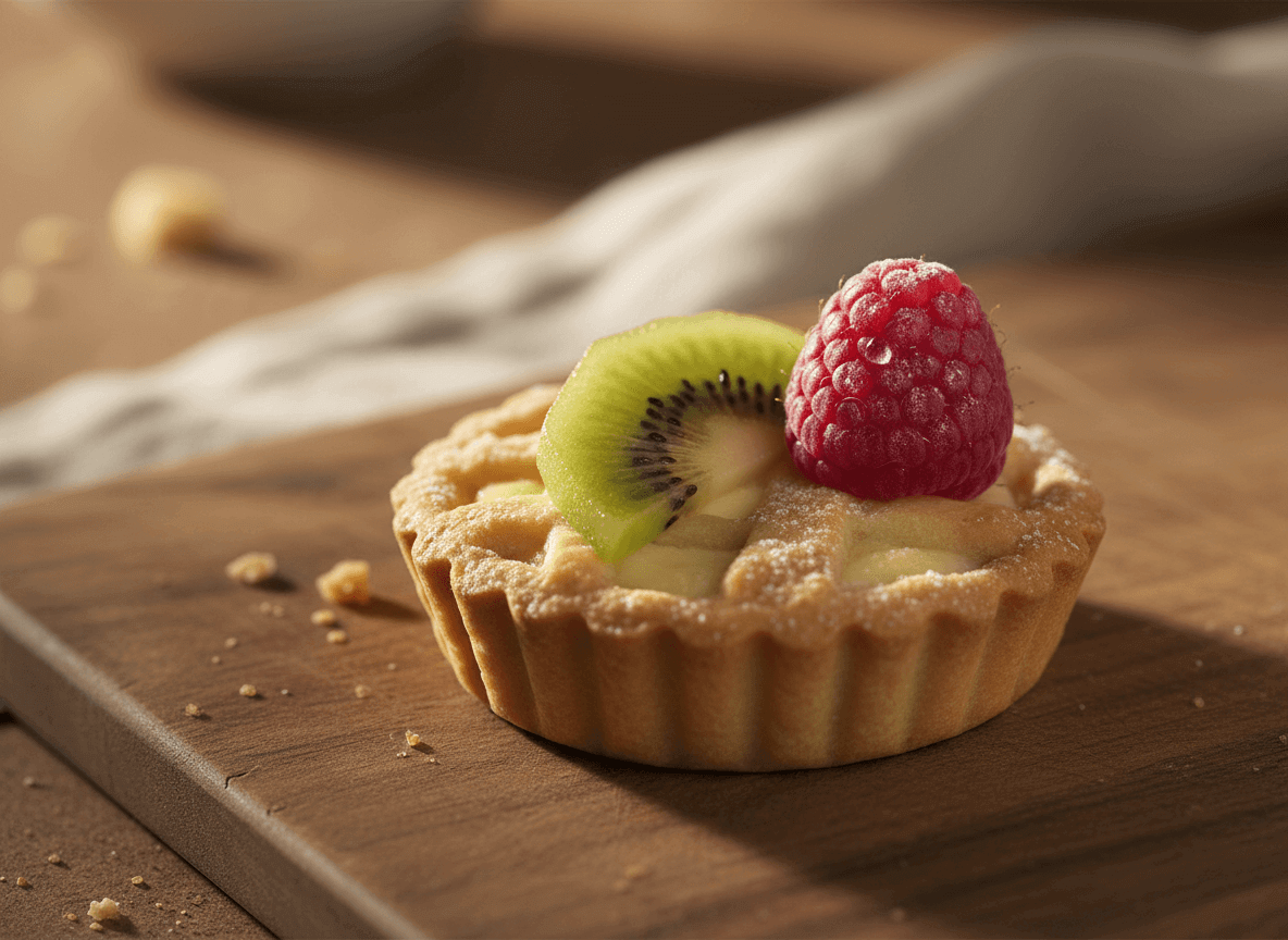 Fruit tart topped with a raspberry and kiwi slice on a wooden board with powdered sugar dusting