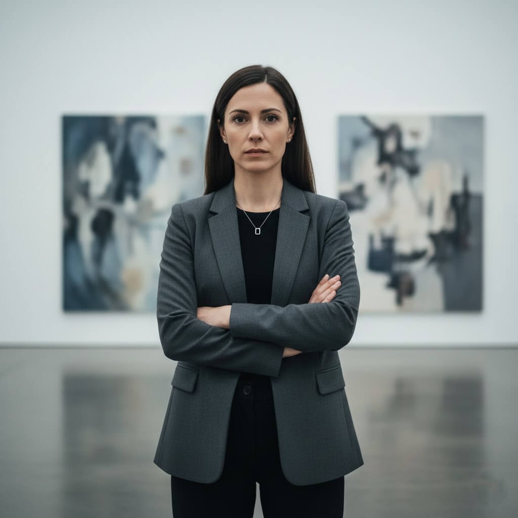 Woman in gray blazer with arms crossed standing in an art gallery with abstract paintings in the background