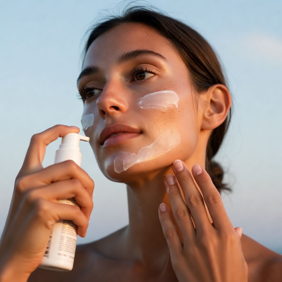 Young woman applying white cream on her face with a pump bottle against a clear sky background.