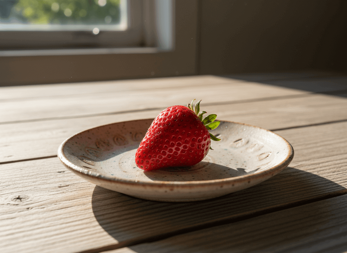 Single ripe strawberry on a ceramic plate on a wooden table with sunlight and window in the background.