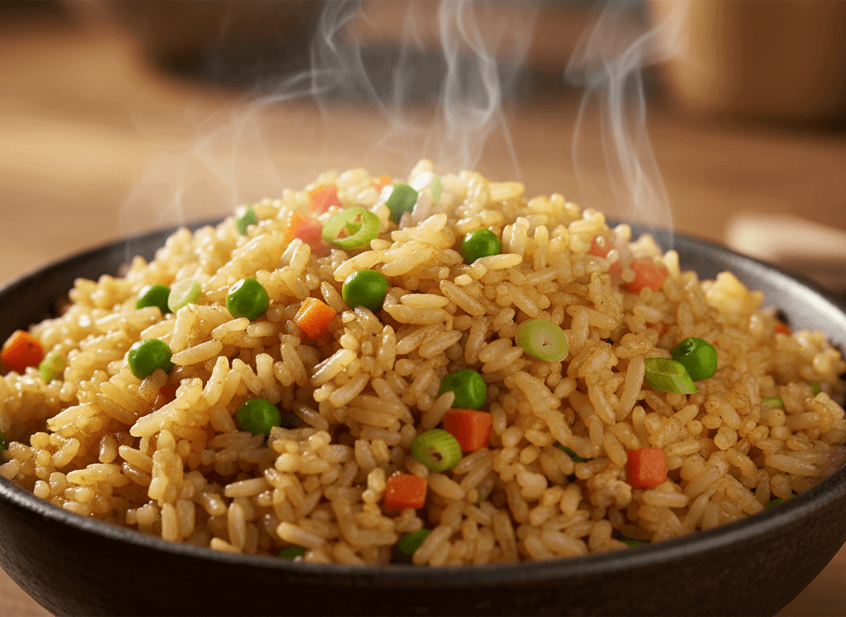 Steaming bowl of fried rice with peas, diced carrots, and green onions