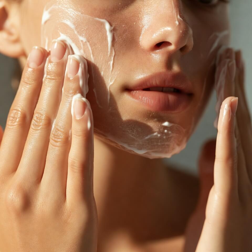 Close-up of a person applying white facial cream to their cheeks with fingers.