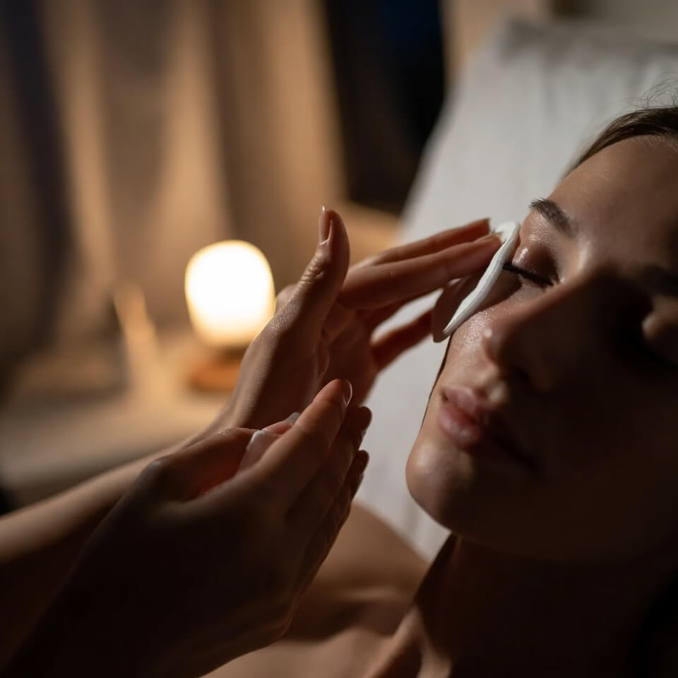 Person removing eye makeup with cotton pad in dimly lit room with candle in background