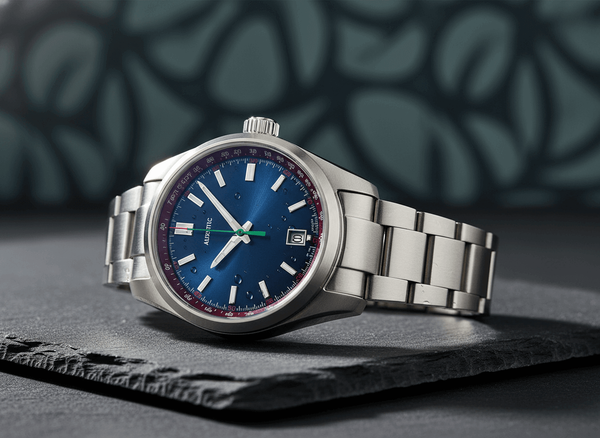 Atlantic wristwatch with blue dial, date display, and stainless steel bracelet on dark textured surface