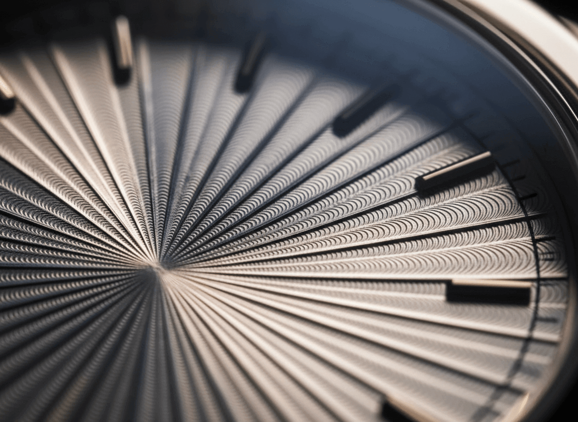 Close-up of a watch face with textured radial pattern and black hour markers on a silver dial