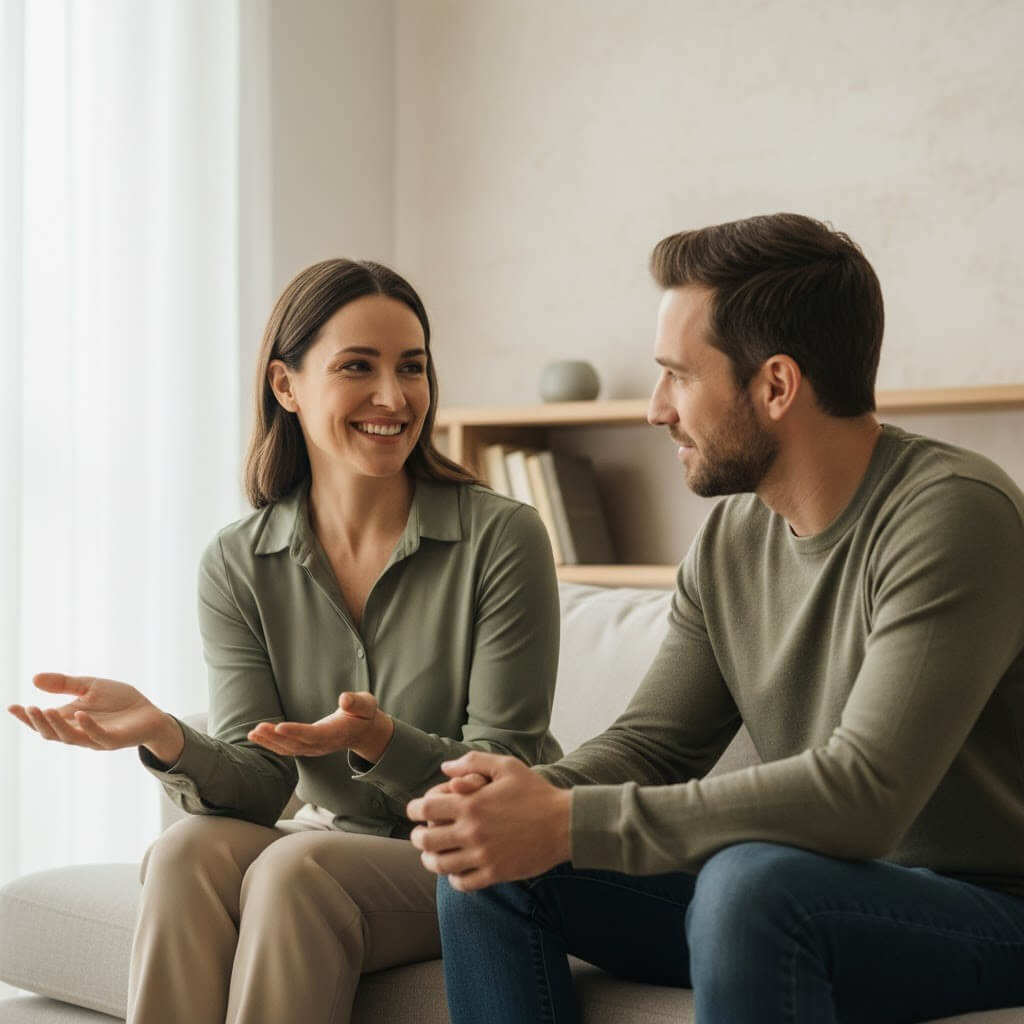 Smiling woman in green shirt talking to man in green sweater while sitting on a couch in a living room