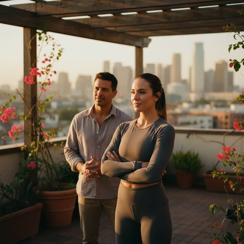 Two people standing on a rooftop terrace with city skyline in the background during sunset