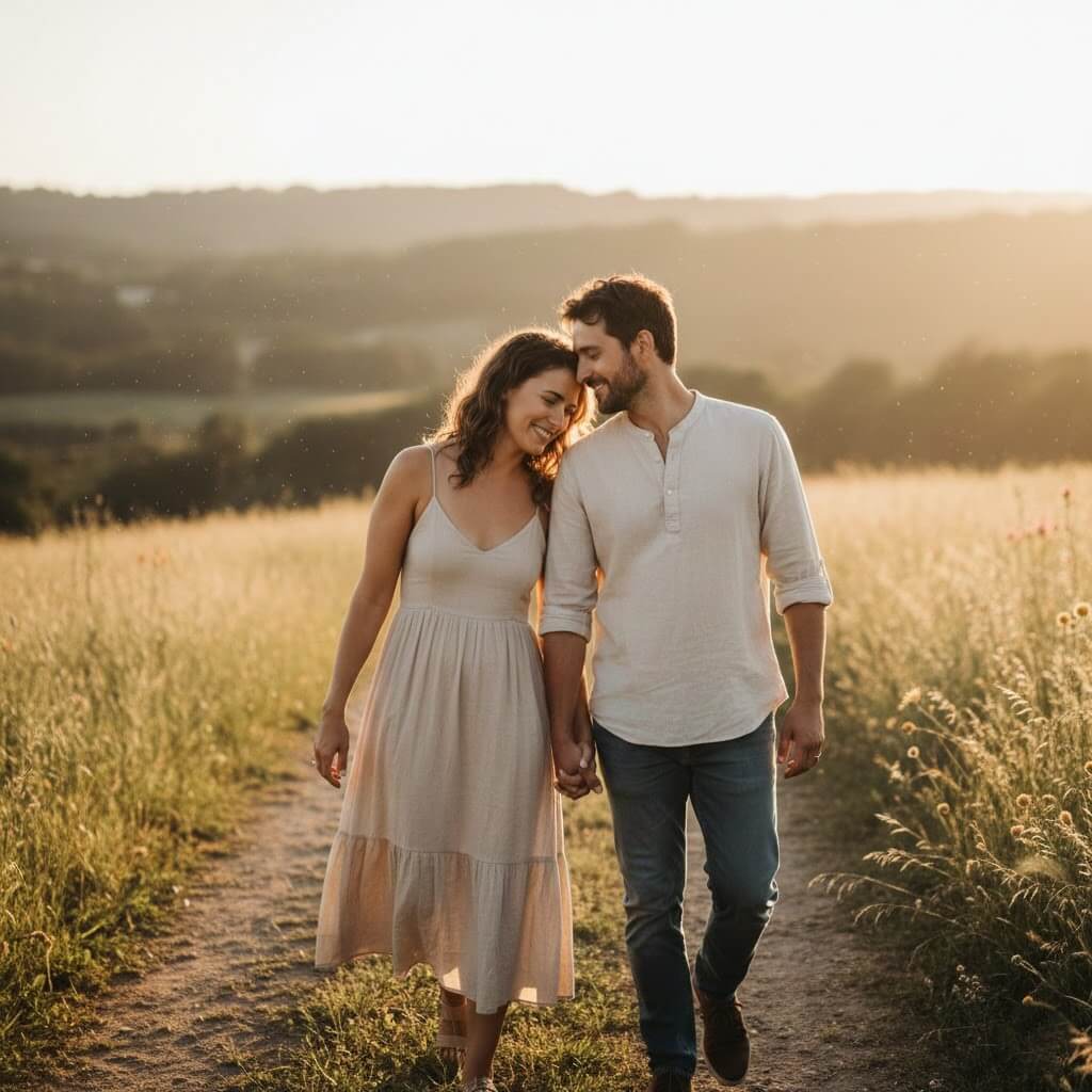 Couple holding hands and walking on a sunlit path through a grassy field at sunset.