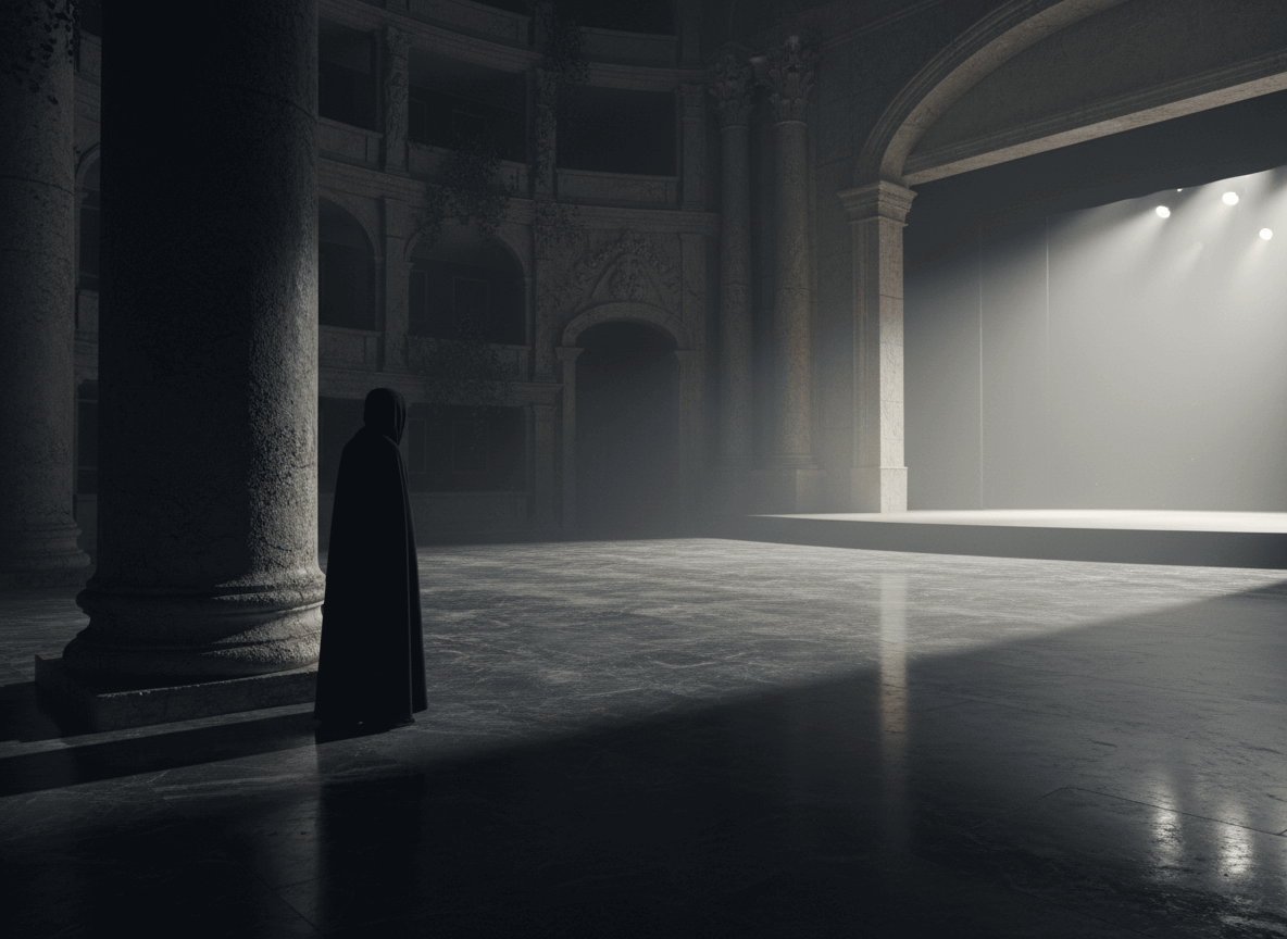 Figure in a dark cloak standing near a large column inside a dimly lit ancient stone theater.