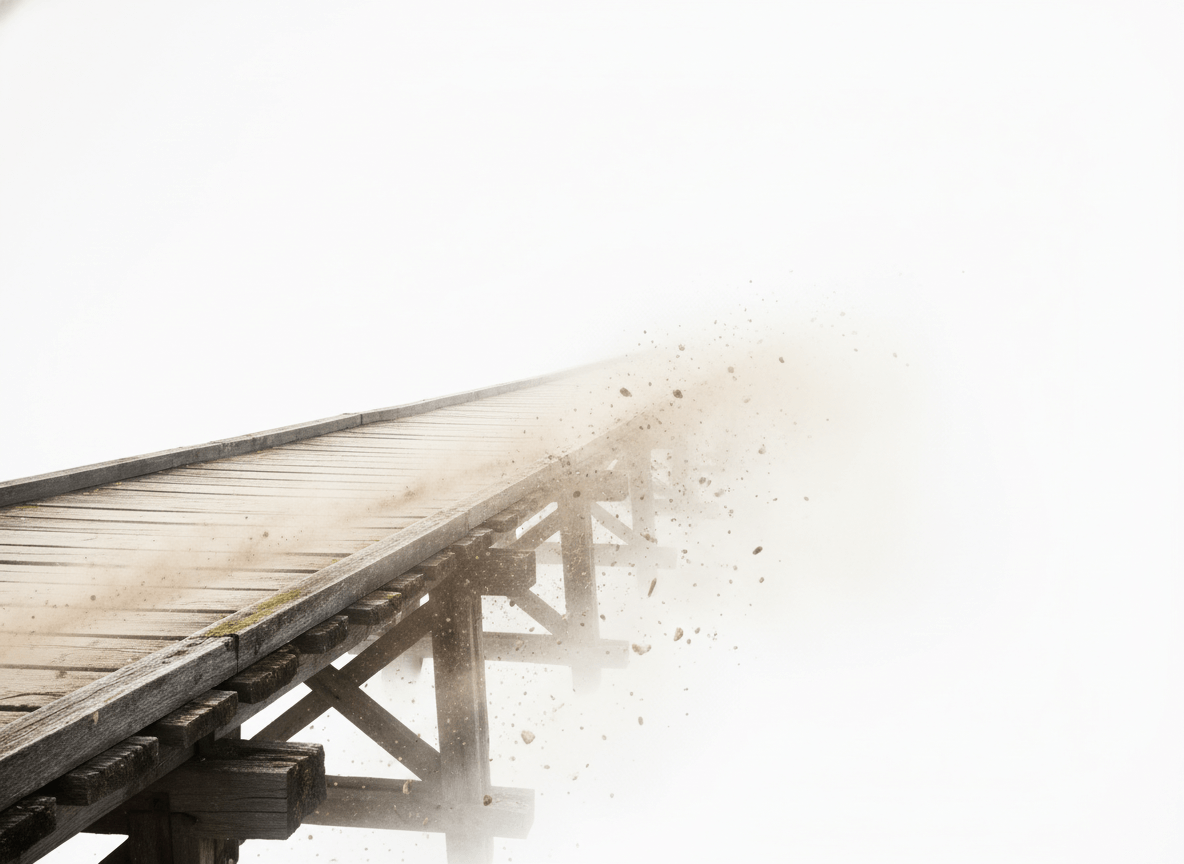 Wooden pier disintegrating into dust and debris against a white background.