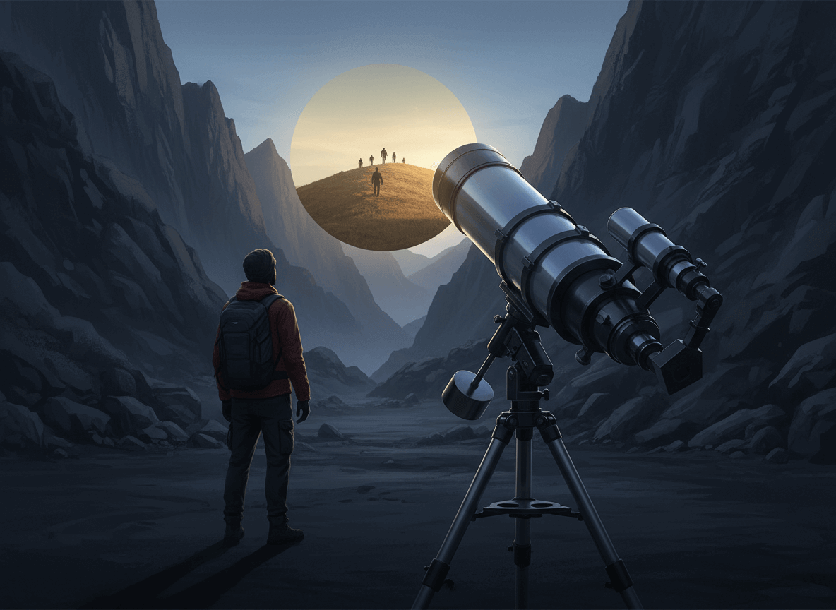Person with backpack observing a telescope in a mountain valley with a circular view of people walking on a sunlit hilltop.