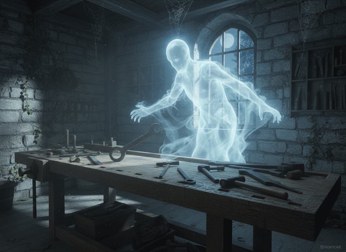 Ghostly figure reaching over a wooden workbench with tools in a dimly lit stone workshop at night.