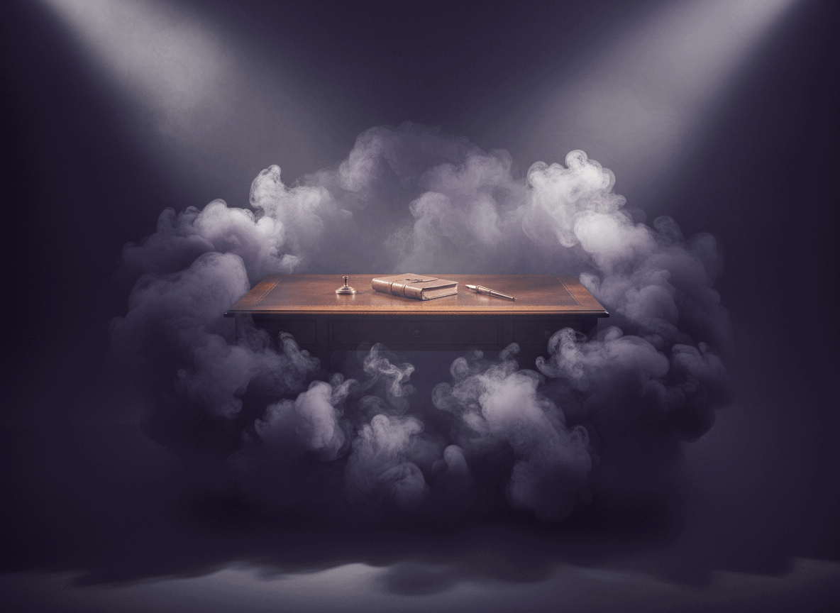 Wooden desk with a closed book, pen, and wax seal surrounded by swirling smoke under spotlights.