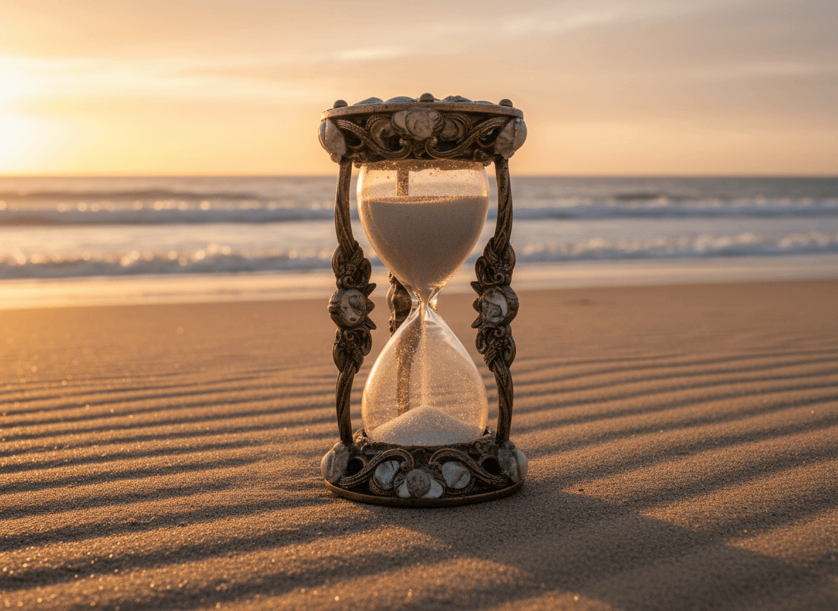 Ornate hourglass with white sand on rippled beach sand at sunset with ocean waves in the background