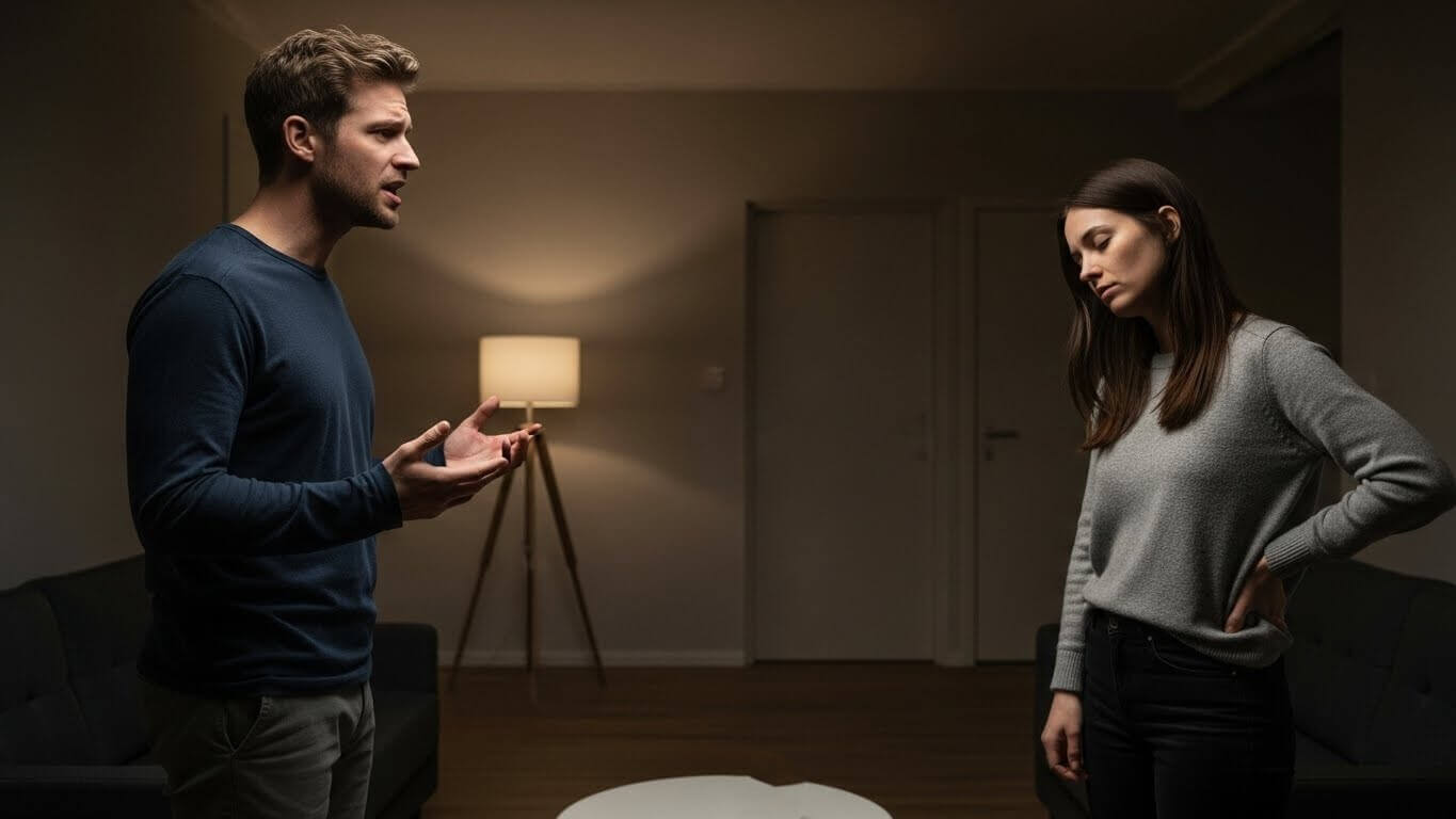 Man in blue sweater arguing with woman in gray sweater in dimly lit living room