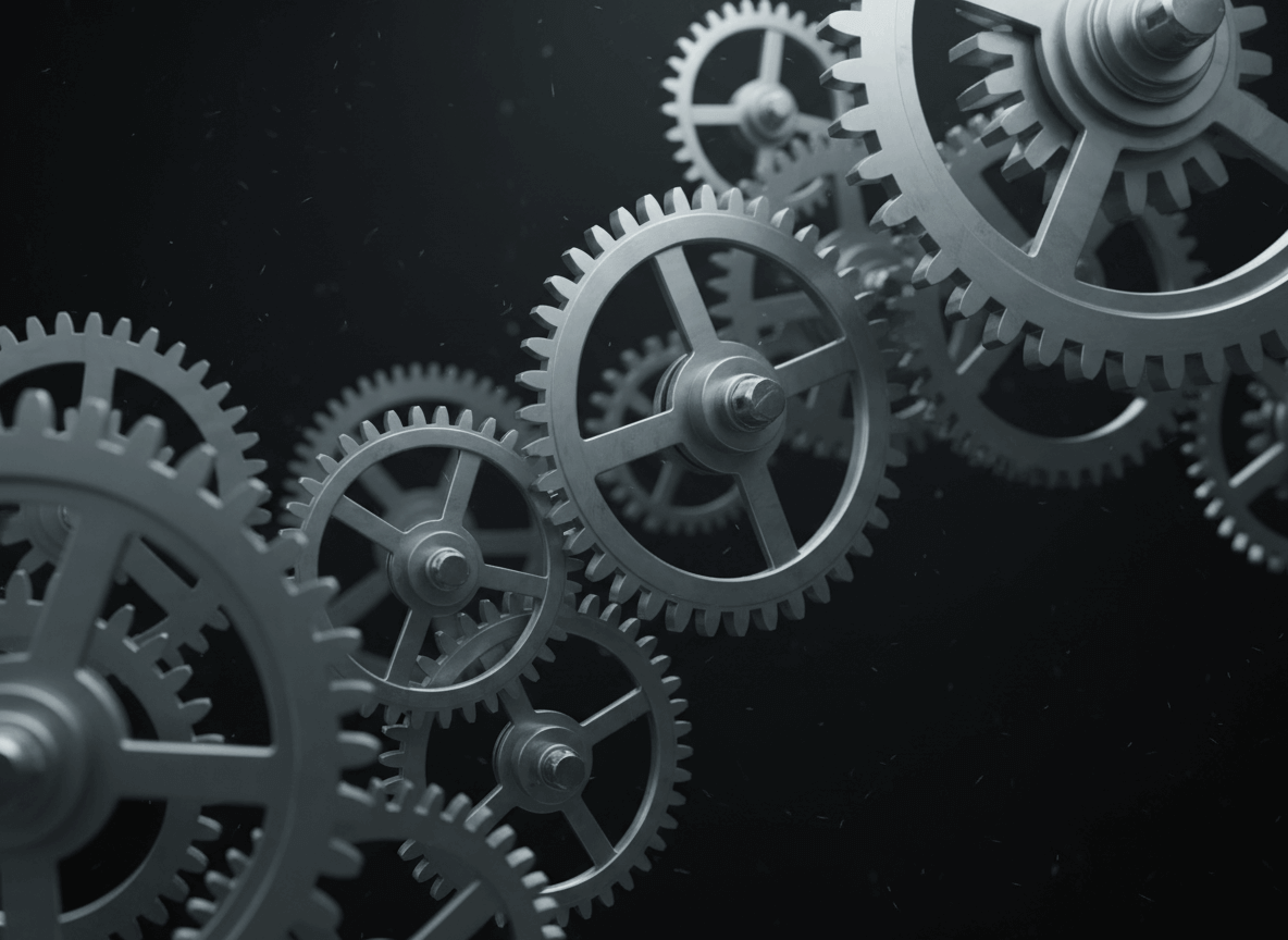 Interlocking metal gears rotating against a dark background.