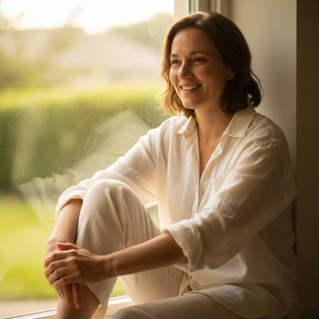Smiling woman in white shirt and pants sitting by a window with natural light and greenery outside.