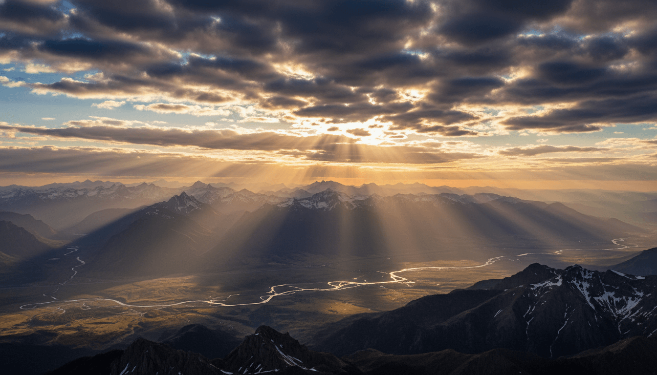 Sun rays breaking through clouds over a winding river and mountain range at sunrise or sunset