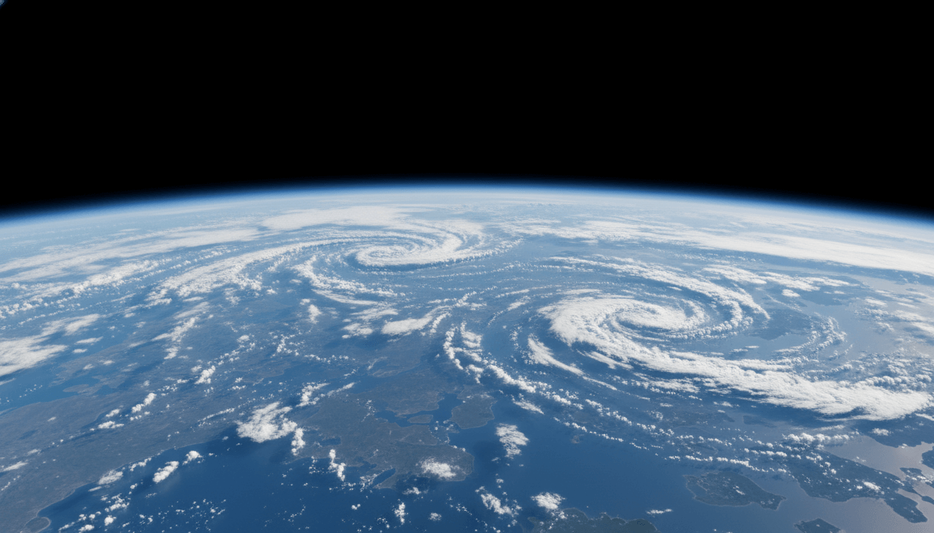 View of Earth from space showing two large swirling storm systems over land and ocean.