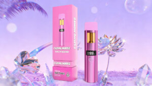 Flying Horse THC-P Blend vape pen and pink packaging with Fruity Pebbles Sativa branding against a purple background.