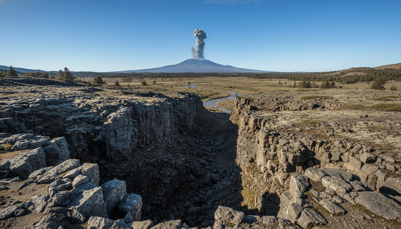 Volcano erupting with ash plume above rocky canyon and winding river under clear blue sky.