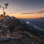 Weather monitoring station with solar panels on a mountain ridge at sunset overlooking a winding river valley.