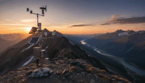 Weather monitoring station with solar panels on a mountain ridge at sunset overlooking a winding river valley.