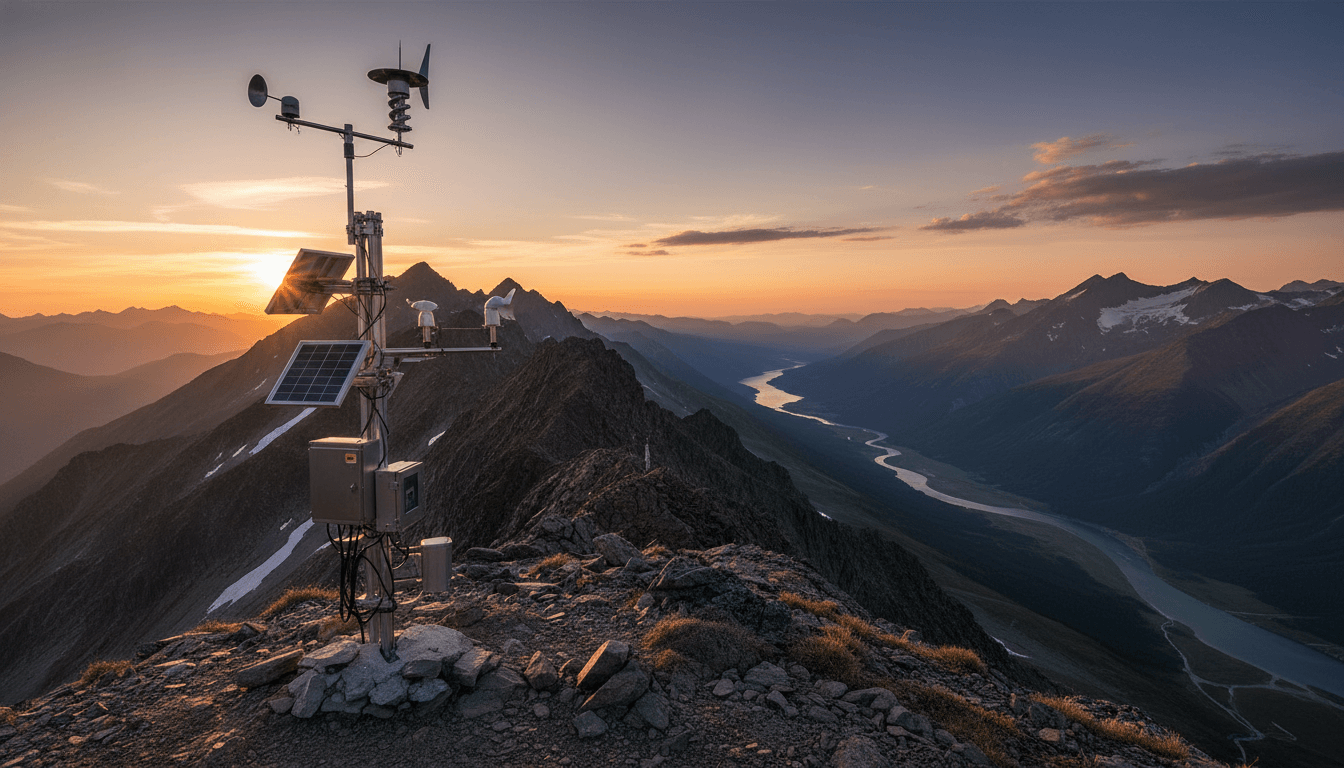 Weather monitoring station with solar panels on a mountain ridge at sunset overlooking a winding river valley.