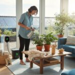 Woman watering indoor plants in a sunlit living room with solar panels visible outside.