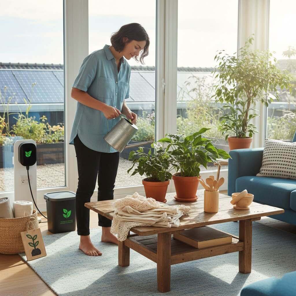 Woman watering indoor plants in a sunlit living room with solar panels visible outside.