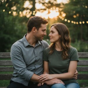 Couple sitting on a bench outdoors at sunset, holding hands and looking into each other's eyes.