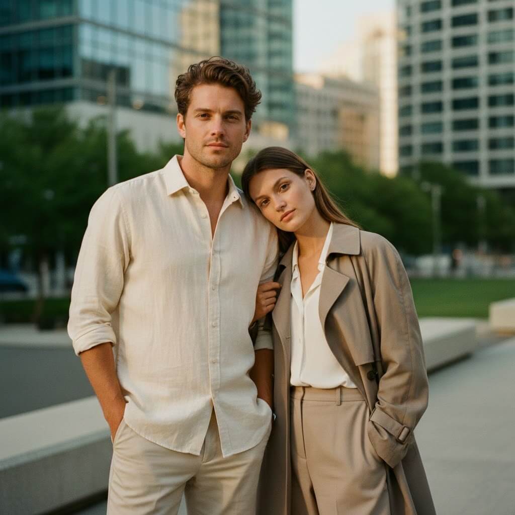 Young man in beige shirt and woman in beige trench coat leaning on his shoulder in urban setting