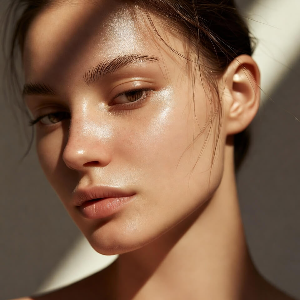 close-up of a young woman with clear glowing skin and natural makeup in soft sunlight shadows