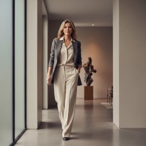 Woman in beige blouse, cream trousers, and gray blazer walking in a modern hallway with abstract sculpture in background