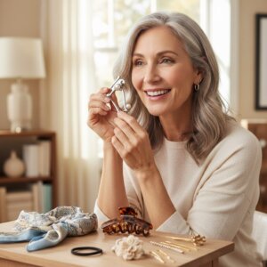 Smiling middle-aged woman holding a silver facial roller with hair accessories on the table in front of her.