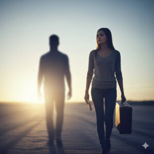 Woman carrying a suitcase and book walking away from a blurred man at sunset on an empty road