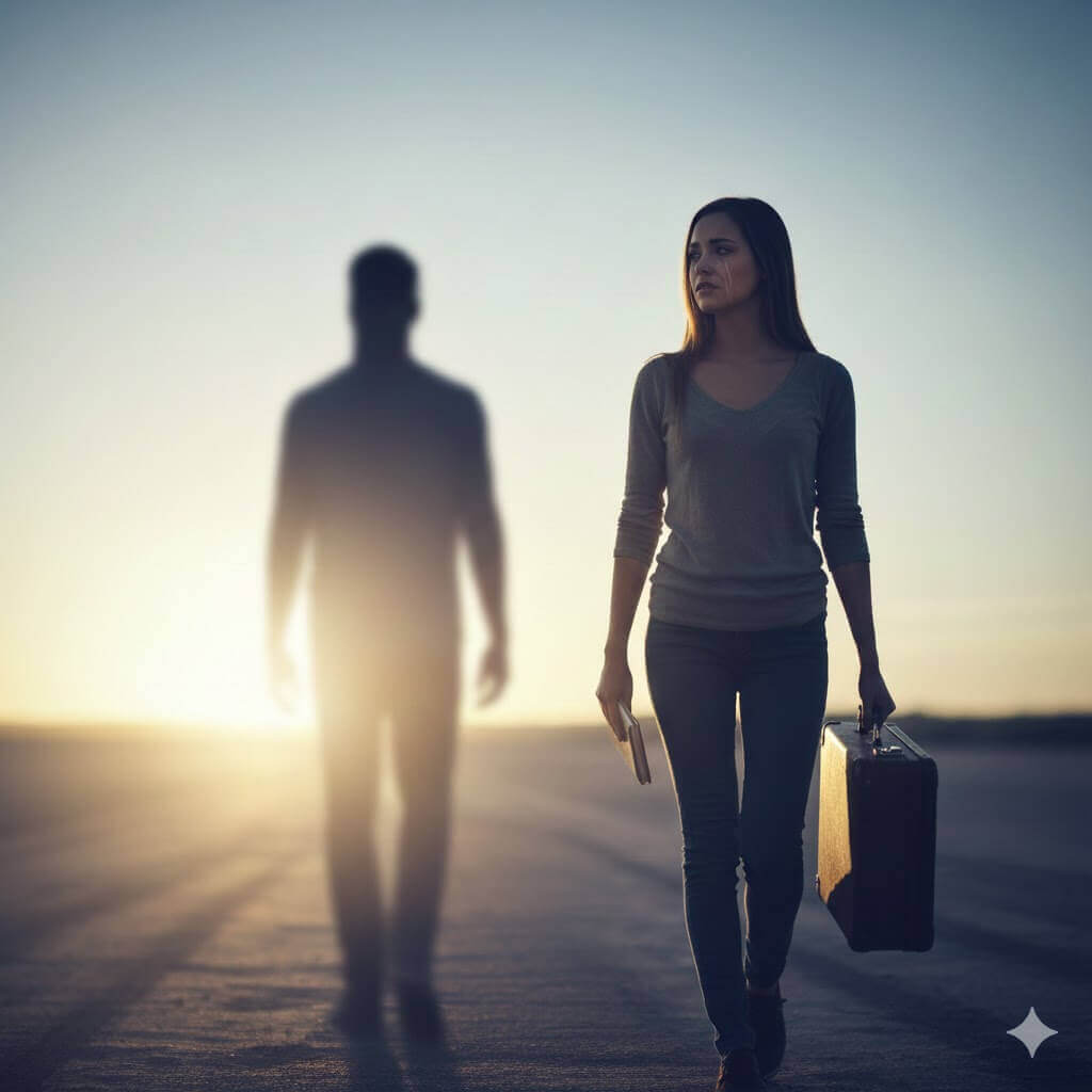 Woman carrying a suitcase and book walking away from a blurred man at sunset on an empty road