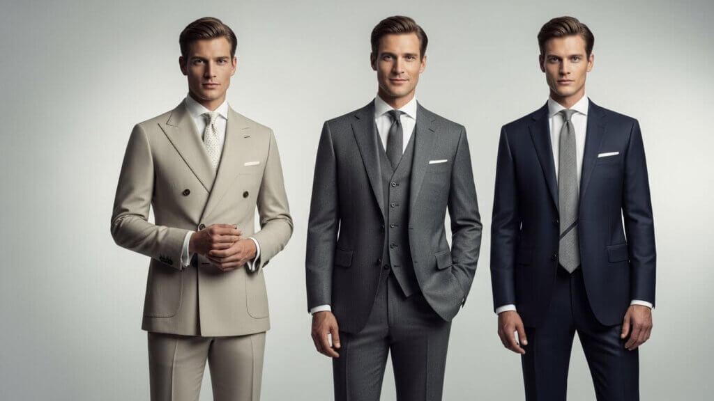 Three men wearing beige, gray, and navy tailored suits with ties, posing against a plain background.