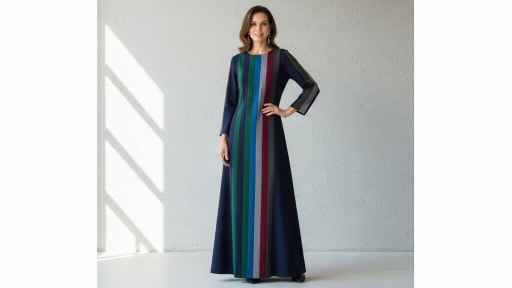 Woman wearing a long navy dress with vertical multicolored stripes standing against a light gray wall