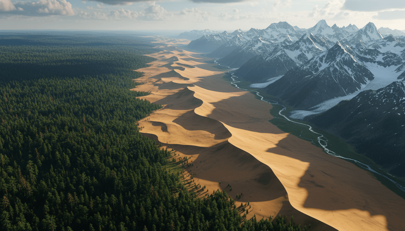 A vast desert sand dune field bordered by dense forest on one side and snow-capped mountains with a river on the other.