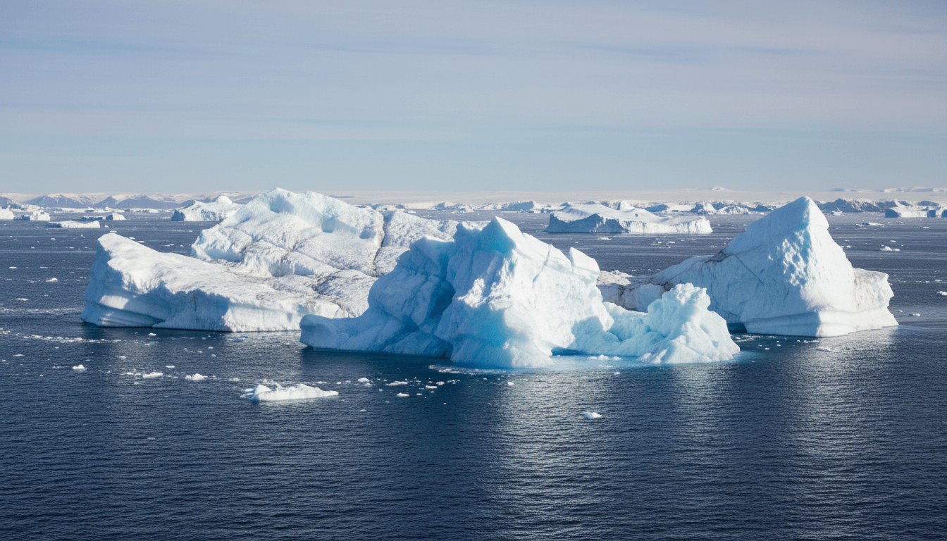 Large icebergs floating in calm Arctic or Antarctic waters under a clear sky.