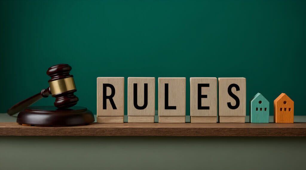 Wooden blocks spelling "RULES" next to a judge's gavel and two small wooden house models on a shelf